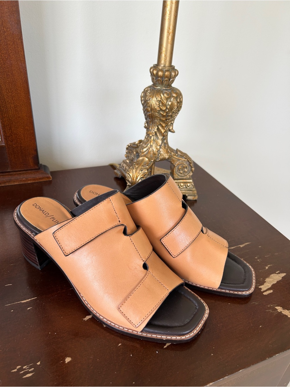 Donald J. Pliner Tan Leather Slide Mules with Block Heel